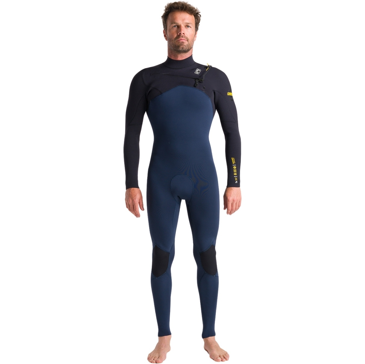 2026 C-Skins Mens NuWave Session 3/2mm GBS Chest Zip Wetsuit C-NSE32MCZ - Bluestone / Black X / Saffron